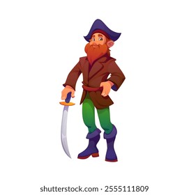 Cartoon pirate captain character, corsair seaman or sailor standing confidently with trusty saber and tricorn hat, ready for adventures and treasure hunts. Isolated vector bearded sea rover personage