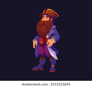 Cartoon pirata capitão personagem. Isolado vetor grave mar corsário com longa barba marrom, permanece confiante em chapéu cozido, e casaco azul com adaga de prata na correia, olhando para fora na distância