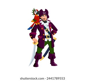 Cartoon pirate captain character with parrot. Isolated vector charismatic sea corsair or buccaneer personage in traditional hat and costume, confidently stands with colorful bird perched on shoulder svg
