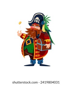 Cartoon pirate captain character with treasure chest and parrot, vector piracy personage. Funny corsair robber in captain costume, tricorn hat and coat with smoking pipe throwing up gold coin