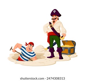 Capitán pirata y marinero corsario enterrando un tesoro. El jefe del Vector, filibustero, se coloca confiadamente cerca de un cofre del tesoro, junto a un marinero que está cavando un agujero para esconder el botín en el baúl de madera