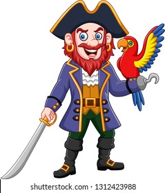 Cartoon pirate captain and macaw bird