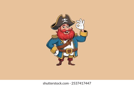 Capitão pirata de desenhos animados com uma barba vermelha fazendo um sinal de "OK".