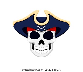 Cartoon pirate captain skull in tricorn hat. Isolated vector jolly roger, filibuster, sailor or corsair skeleton head grins menacingly. Skeletal remains in cocked cap exuding spooky seafaring charm