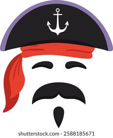 Cartoon pirate captain sporting closed eyes, wearing a black hat adorned with an anchor and a vibrant red bandana, featuring a distinctive black mustache and goatee