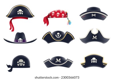 Cartoon Pirat Kapitän Tricorn Cocked Hut und Bandanas, Vektorsymbole. Tricorne-Hüte mit Schädel und Kreuzknochen oder Jolly-Roger-Flagge, Videochat-Effekte von Piratenführern oder Seemann-Filibuster-Hüten