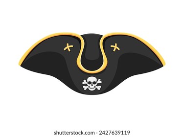 Cartoon pirate captain tricorn hat, adorned with Jolly Roger skull and crossbones. Isolated vector buccaneer cocked cap with curved brim, accentuating the rover swashbuckling charm on the high seas svg