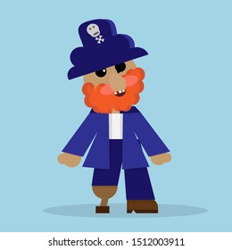 cartoon pirate captain wearing Jolly Roger hat, wooden leg and eye patch on blue background
