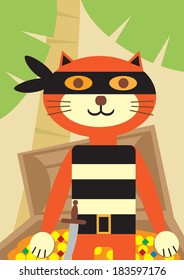 A cartoon pirate cat, in front of his treasure.