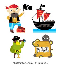 Cartoon pirate character with Jolly Roger flag. Pirate ship isolated on white background. Pirate cartoon elements for birthday or pirate party.