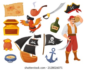 Cartoon pirate character with parrot and ship, treasure map. Sea adventures, boat, anchor, chest with gold, pirates elements vector set. Illustration of pirate character and parrot