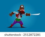 Cartoon pirate character with saber in hand, striking a confident pose. Vector corsair in a striped shirt, purple pants and tricorn hat adorned with a skull, exudes a swashbuckling, adventurous spirit