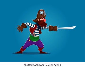 Personaje pirata de dibujos animados con sable en la mano, golpeando una pose segura. Vector corsario en una camisa de rayas, pantalones morados y sombrero tricornio adornado con una calavera, exuda un espíritu aventurero y de capa y espada