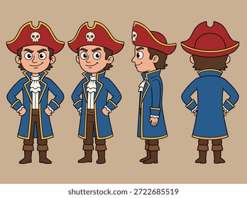 Un personaje pirata de dibujos animados que se muestra desde el frente, el lado y la espalda, con un abrigo azul y un sombrero rojo.