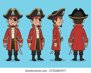 A cartoon pirate character shown from front, side, and back views, wearing a red coat and hat with skull and crossbones