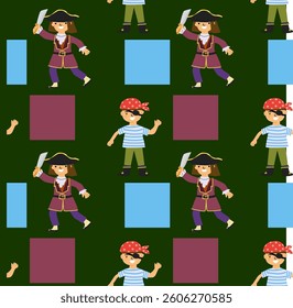 Cartoon pirate characters and colorful squares pattern.