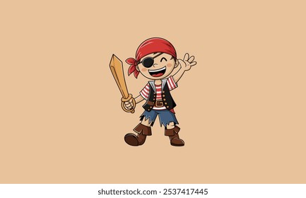 Cartoon pirate child with a wooden sword and eyepatch.