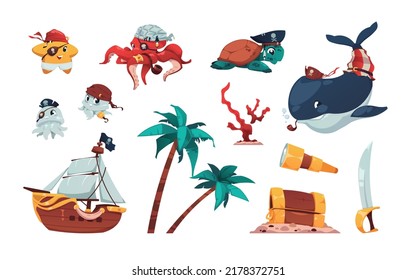 Cartoon Pirate Collection. Cute Marine Animals In Pirate Costumes, Spyglass Wooden Chest Palm Trees And Sailboat Kids Illustration. Vector Isolated Set Of Animal Cute, Marine Sea