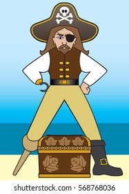 Cartoon pirate is contemplating what to do with his treasure