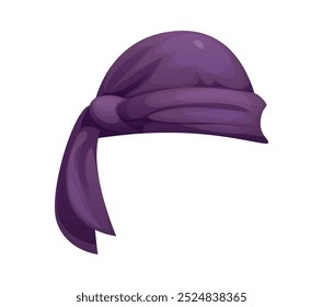 Cartoon Piraten- und Korsarenbandanahut, violette Stoffkopfbekleidung mit Knoten. Isolierte Vektorseesegler Kopftuch, Vintage Rover Taschentuch, Filibuster, Buccaner Swashbuckler Party Kostüm Zubehör