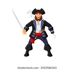 Cartoon pirate and corsair captain character. Isolated vector lively bearded sea filibuster personage with a sinister hook hand and saber, wearing a tricorn hat, ready for fighting on the high seas