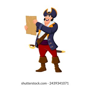 Cartoon pirate and corsair captain character with treasure map. Isolated vector buccaneer in tricorn hat clutches a weathered parchment, eyes gleaming with anticipation for buried riches and adventure svg