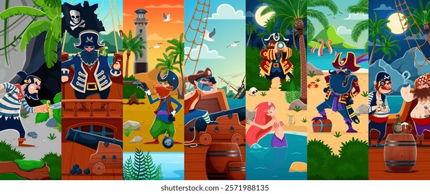 Cartoon pirate and corsair characters collage with maritime scenes. Vector fantasy sailors and captains engaged in treasure hunt on tropical island, capturing the adventurous spirit of nautical tales