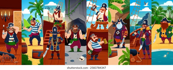 Cartoon pirate and corsair characters collage with adventurous filibuster personages with swords, ale tankards and ships, surrounded by tropical island landscapes, capture the spirit of the high-seas