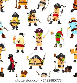 Cartoon pirate and corsair tex mex mexican characters seamless pattern. Fabric or textile vector print with avocado, burrito, enchilada, pulque and tequila, taco, nacho funny pirate personages