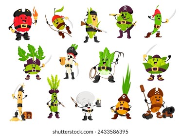 Cartoon pirate and corsair vegetable characters. Vector paprika, olive, corn cob and artichoke. Kohlrabi, asparagus, cabbage with champignon. Onion, soy bean, green pea, daikon radish and potato