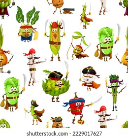 Cartoon pirate and corsair vegetables seamless pattern. Textile vector print with kohlrabi, corn, and olive, salad, pea and onion, radish, pepper, asparagus and romanesco pirate personage