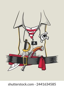 Cartoon pirate costume illustration. Complete with sword. Belt. And jolly roger skull and bones.