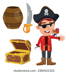 Cartoon pirate elements, boy dressed in pirate outfit, treasure chest, sword and wooden barrel.
