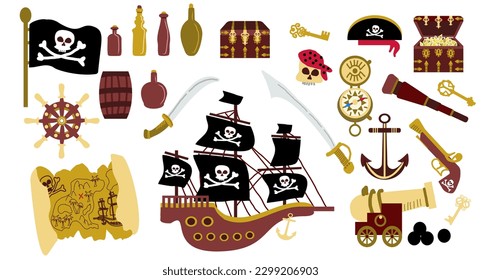 Cartoon pirate elements, cannon, treasures, sailing ship. Flag, steering wheel, compass, map, pirates sea adventure vector set. Illustration of pirate treasure map, cannon, boat, telescope.