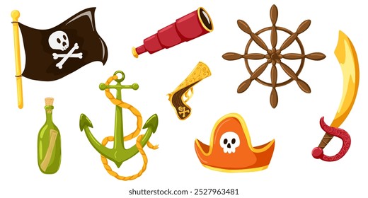 Desenhos animados piratas. Bandeira, volante, âncora, revólver de ouro, garrafa com um mapa, espada, chapéu, vidros espiões, piratas mar aventura vetor conjunto. Adesivos marinhos infantis sobre fundo branco