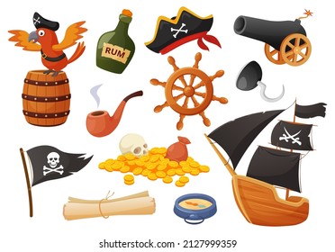 Cartoon pirate elements, parrot, cannon, treasures, sailing ship. Flag, steering wheel, compass, map, pirates sea adventure vector set. Illustration of pirate treasure map and parrot, cannon and boat