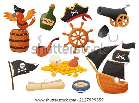 Cartoon pirate elements, parrot, cannon, treasures, sailing ship. Flag, steering wheel, compass, map, pirates sea adventure vector set. Illustration of pirate treasure map and parrot, cannon and boat