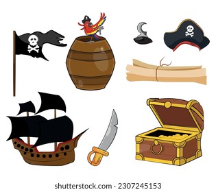 Elementos piratas de dibujos animados, loro, tesoros, bandera, piratas de la aventura vectorial del mar. Ilustración de mapa del tesoro pirata y loro, cañón y barco.