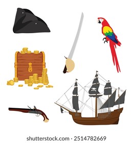 Cartoon pirate elements: parrot, treasures, pirate hat and sailing ship. Vector icon set. 
