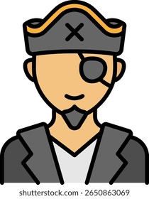 Pirata de desenhos animados com adesivo de olho e ícone de chapéu