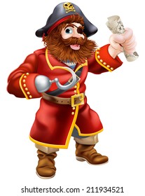 A cartoon pirate with eye patch and hook holding a treasure map scroll