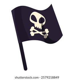 Cartoon pirate flag with skull and crossbones is waving in the wind