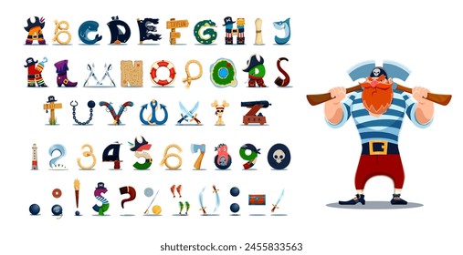 Cartoon pirate font, filibuster captain typeface or piracy type with corsair seaman, vector English alphabet. Pirates font ABC letters of marine anchor, pirate hat and cannon with filibuster sword