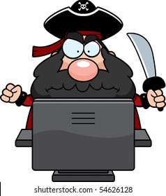 A cartoon pirate in front of a computer.