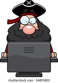 A cartoon pirate in front of a computer.