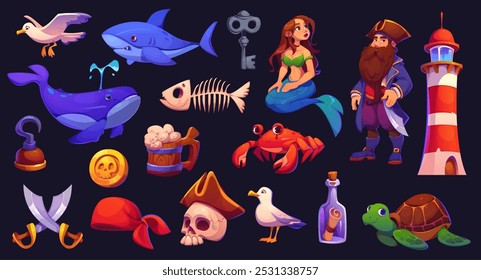 Cartoon pirate game assets and corsair characters for treasure island adventure, vector icons. Caribbean pirate game GUI assets of mermaid siren, fish skeleton and pirate skull in tricorne hat