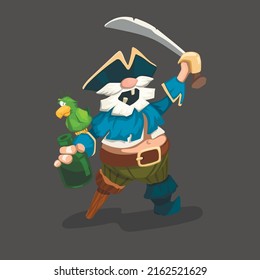 Cartoon pirate game drawing. Isolated old drunkard with rum bottle. Comic captain with parrot and dagger. Funny corsair with wooden leg. Vector illustration