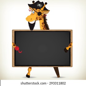 Cartoon pirate giraffe holding black board on white background