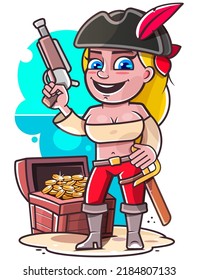 Cartoon pirate girl. Vector clip art illustration with simple gradients. All in a single layer.