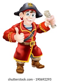 A cartoon pirate giving a thumbs up and holding a treasure map
